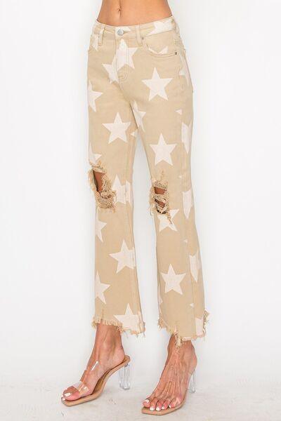 RISEN Full Size High Rise Star Printed Frayed Hem Jeans | Jeans Daverri Fashions