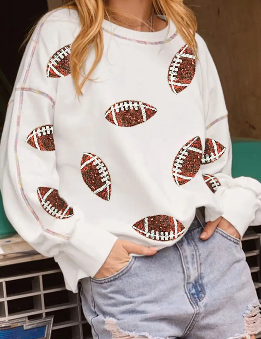 White Sequin Football Round Neck Long Sleeve Sweatshirt | Sweatshirts Daverri Fashions