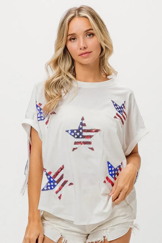 BiBi American Flag Sequin Star Fringe Top - DAVERRI FASHIONS