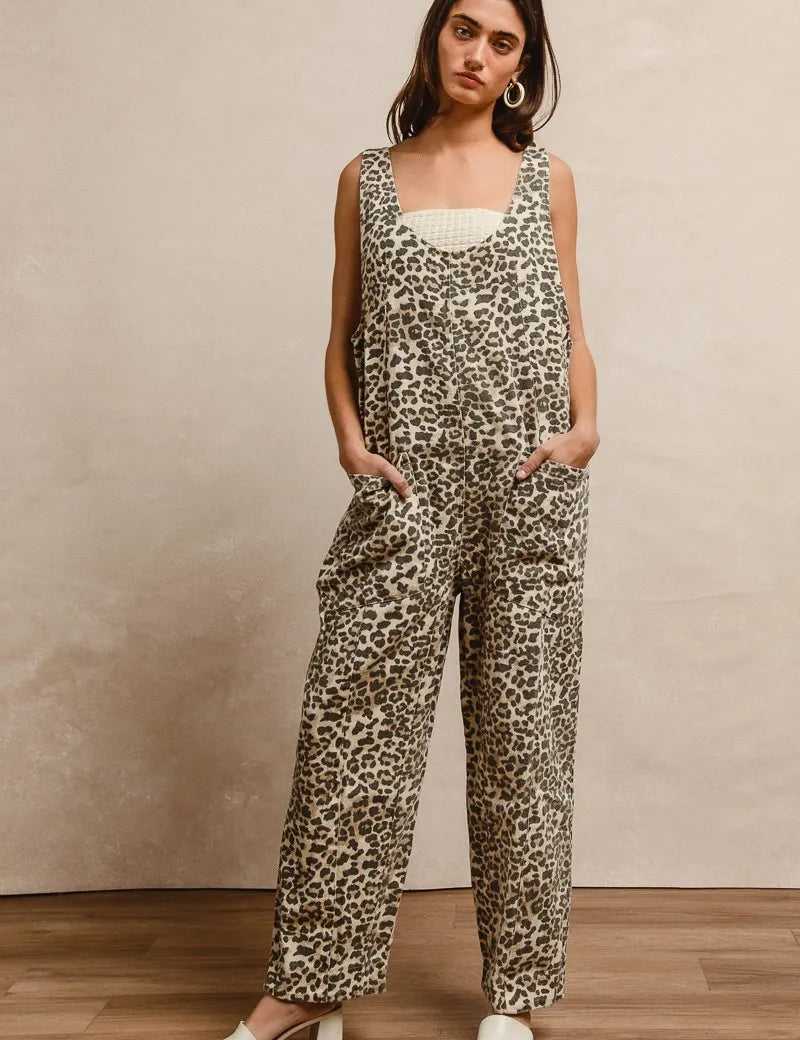 LEOPARD BiBi Leopard Print Adjustable Strap U Neck Jumpsuit | Daverri Fashions