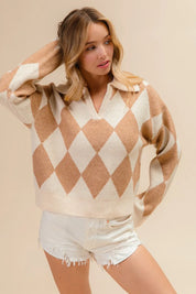BiBi Diamond Pattern Collared Notch Neck Sweater | Sweaters Daverri Fashions