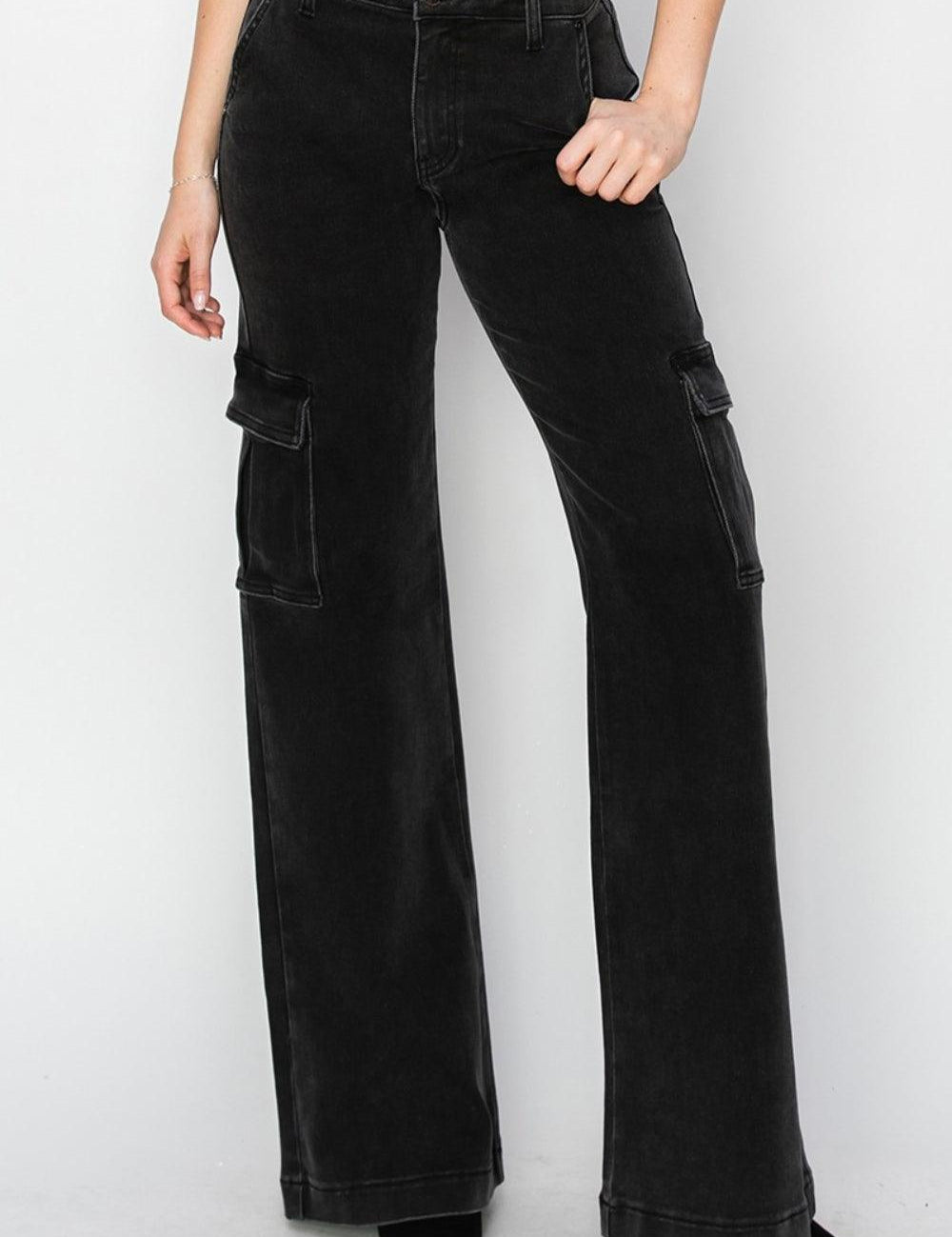 Black Risen Black High Rise Wide Leg Cargo Jeans | Cargo Jeans Daverri Fashions