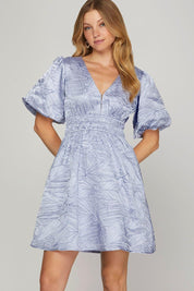 Light Blue She + Sky Crinkle Woven V-Neck Balloon Sleeve Mini Dress | Mini Dresses Daverri Fashions