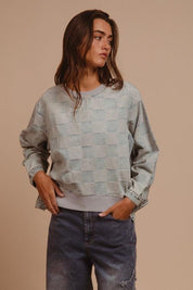 BiBi Mineral Washed Checkered Round Neck Denim Top | Tops Daverri Fashions