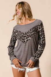 BiBi Sweater Knit Top With Leopard V Shape Block | Sweaters Daverri Fashions