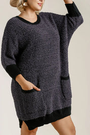 Umgee Full Size Ribbed Hem Round Neck 3/4 Sleeve Sweater Dress with Pockets Plus Size | Daverri Fashions