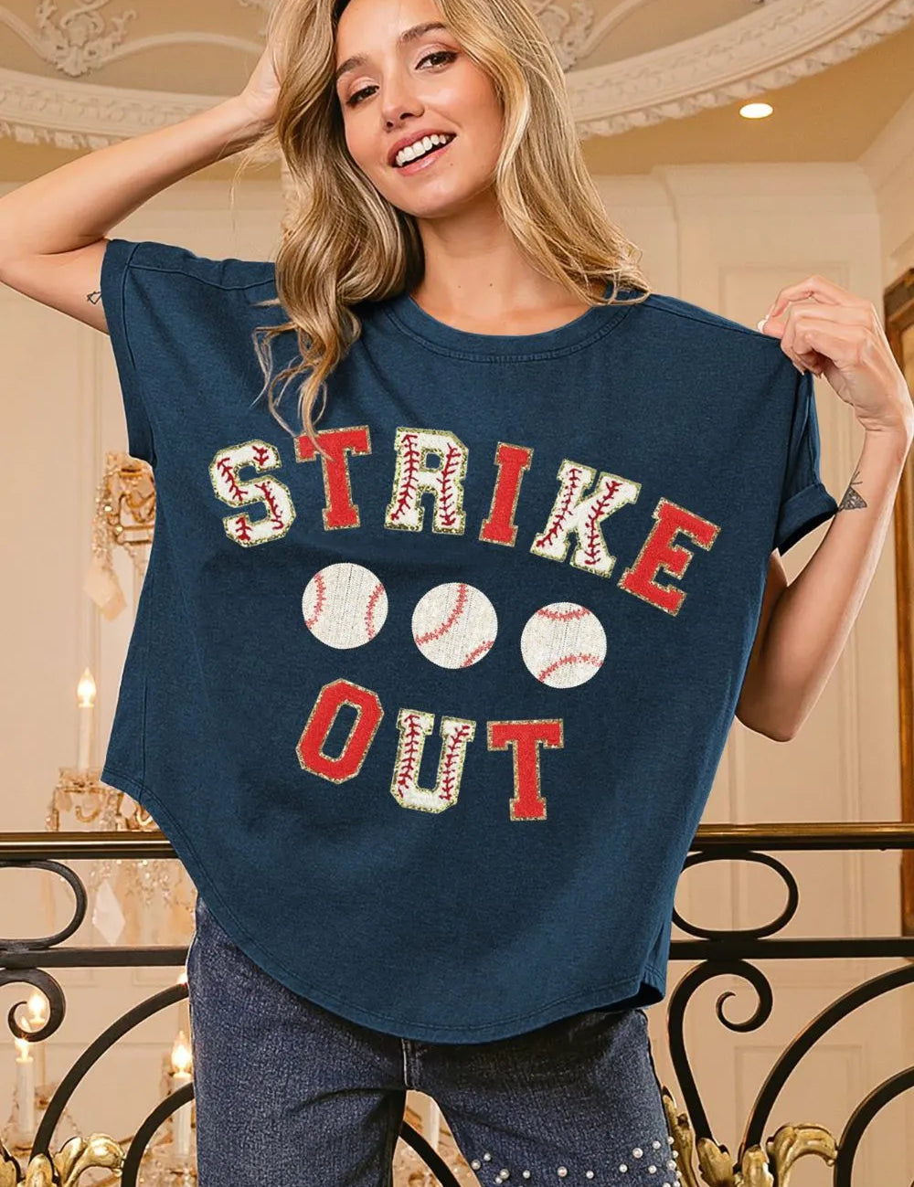 DEEP NAVY RED BiBi Strikeout Letter Patches Washed Short Sleeve Top | Tops Daverri Fashions