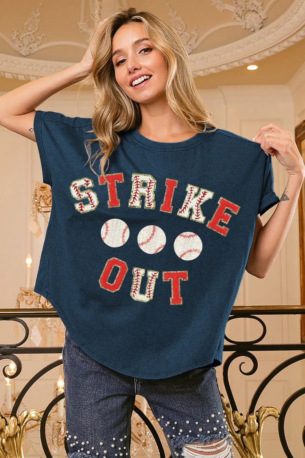 DEEP NAVY RED BiBi Strikeout Letter Patches Washed Short Sleeve Top | Tops Daverri Fashions