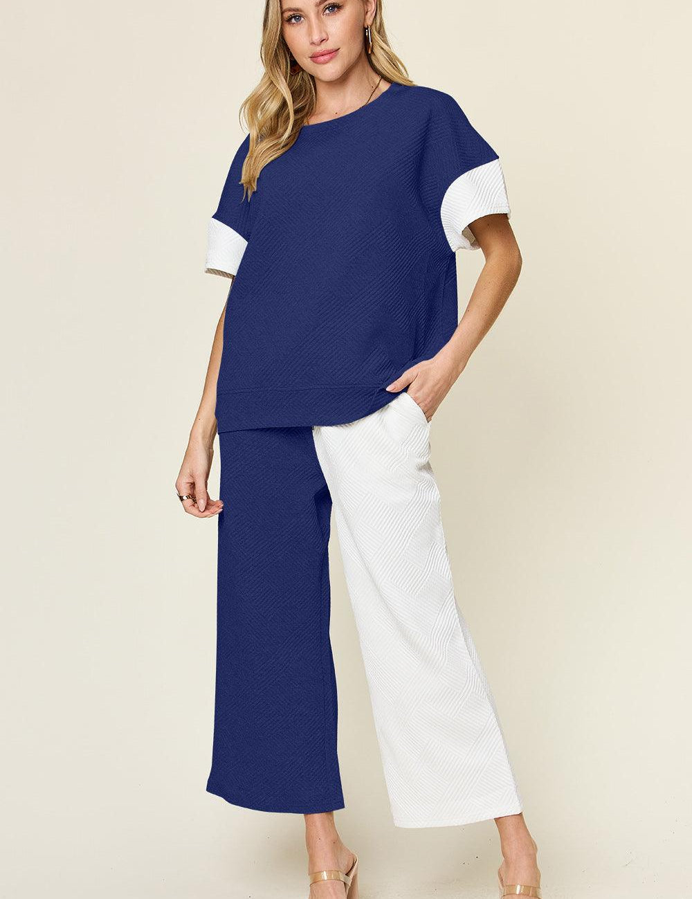 Royal Blue Double Take Full Size Texture Contrast T-Shirt and Wide Leg Pants Set | Outfit Sets Daverri Fashions