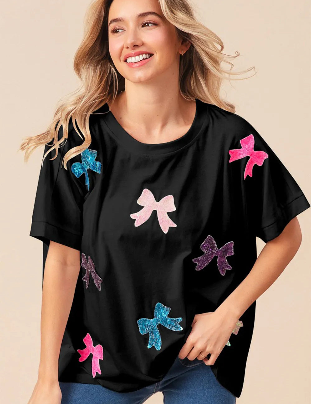 Black XL BiBi Sequin Bow Patch Short Sleeve T-Shirt Black | T-Shirts Daverri Fashions