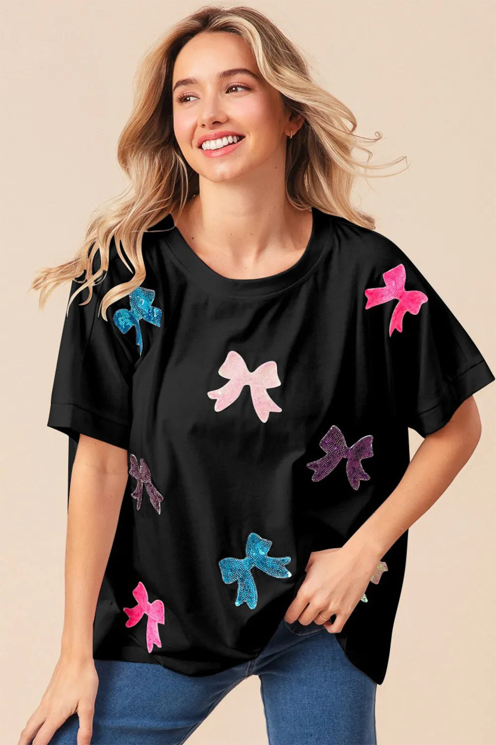 Black XL BiBi Sequin Bow Patch Short Sleeve T-Shirt Black | T-Shirts Daverri Fashions