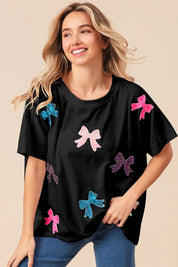 Black XL BiBi Sequin Bow Patch Short Sleeve T-Shirt Black | T-Shirts Daverri Fashions