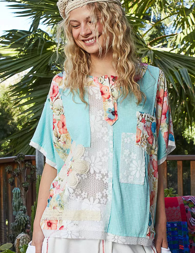AQUA POL Lace Round Neck Short Sleeve Floral Pattern Top with Patch Detail | Tops Daverri Fashions
