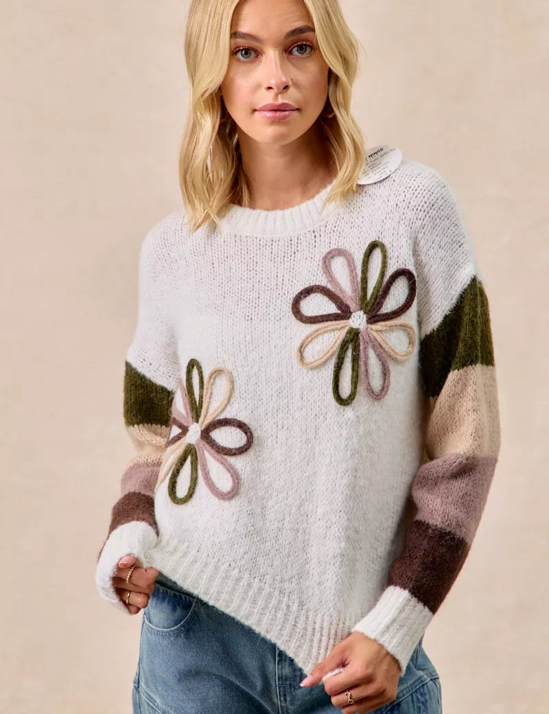 IVORY COMBO BiBi Flower Color Block Sweater | Sweaters Daverri Fashions