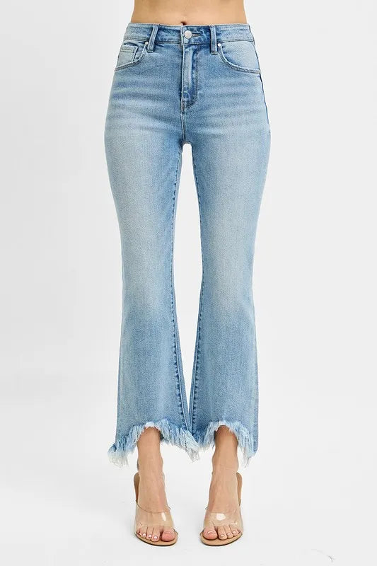 RISEN Full Size High Rise Crop Bootcut Fray Hem Jeans Plus Size | Daverri Fashions