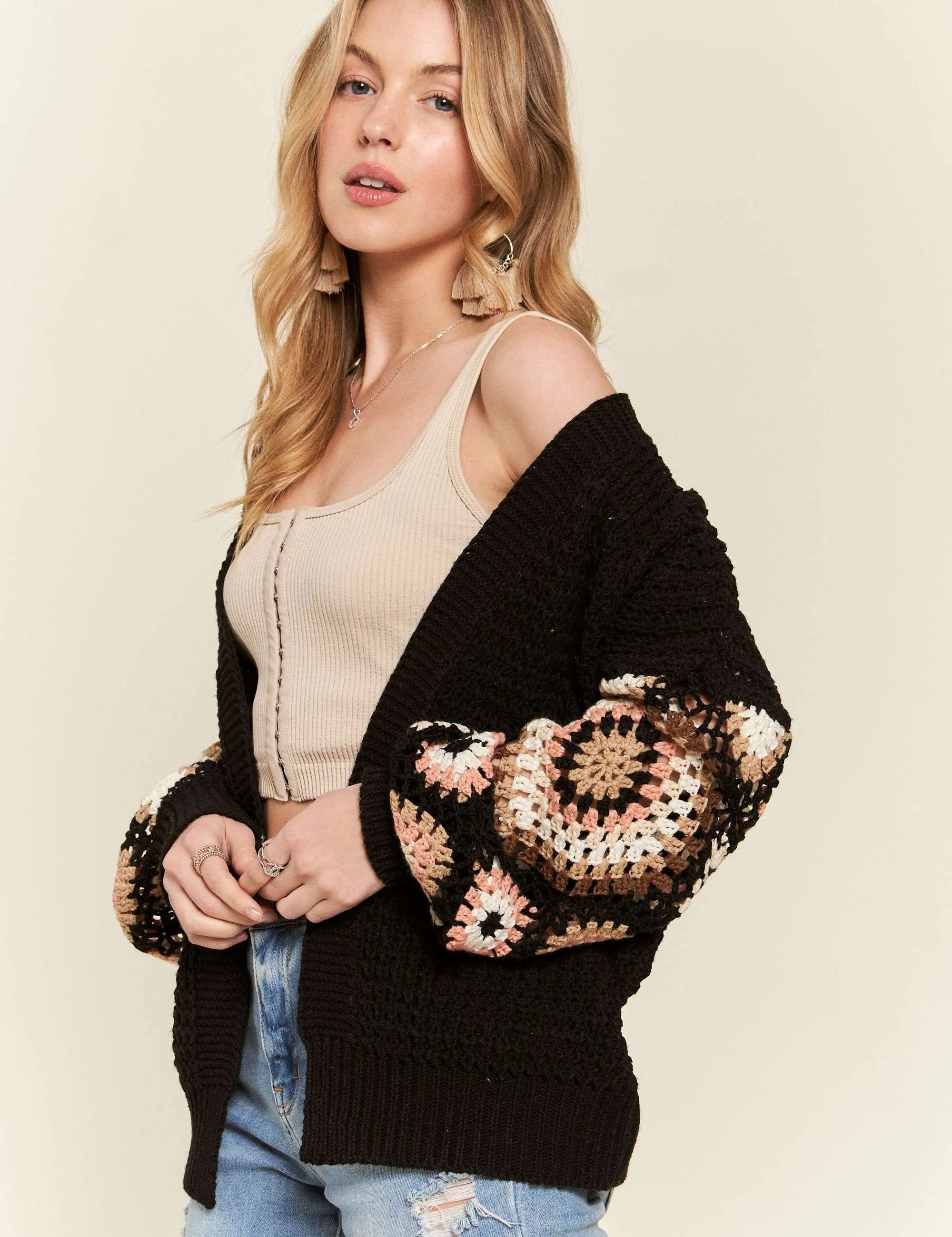 ADORA Multi Color Sleeve Crochet Cardigan | Cardigans Daverri Fashions