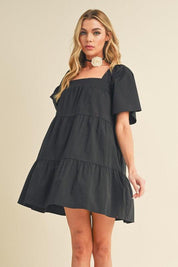 Black M Aemi + Co Square Neck Half Sleeve Tiered Dress | Daverri Fashions