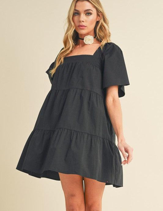 Black M Aemi + Co Square Neck Half Sleeve Tiered Dress | Daverri Fashions