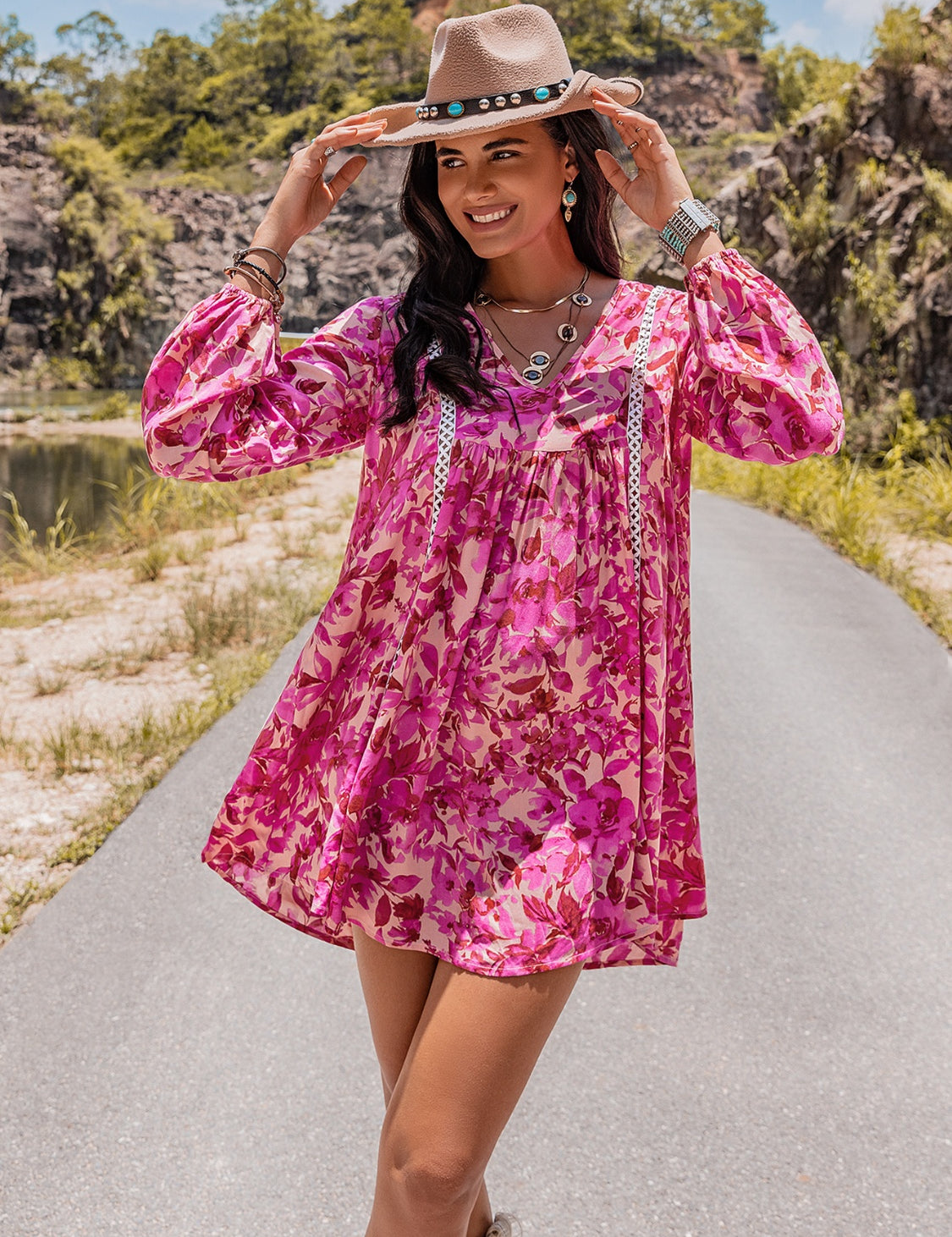 Hot Pink Long Sleeve V-Neck Mini Dress | Dresses Daverri Fashions