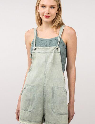 Sage VERY J Washed Frayed Hem Denim Overall | Shortalls Daverri Fashions