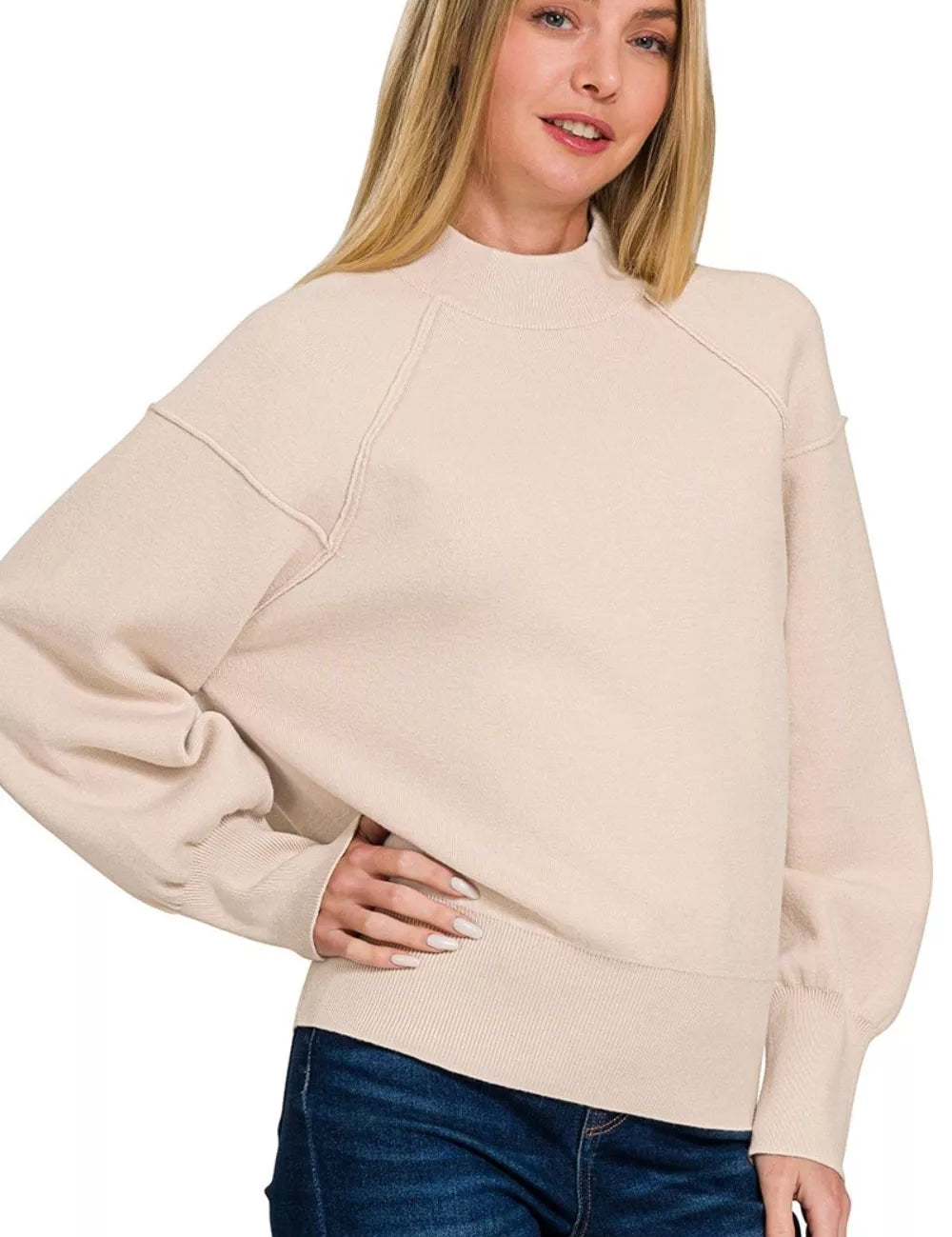SAND BEIGE Zenana Viscose Mock Neck Exposed Seam Sweater | Sweaters Daverri Fashions