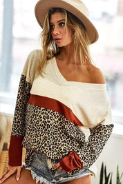 BiBi Waffle Knit Leopard Color Block V-Neck Top | Tops Daverri Fashions