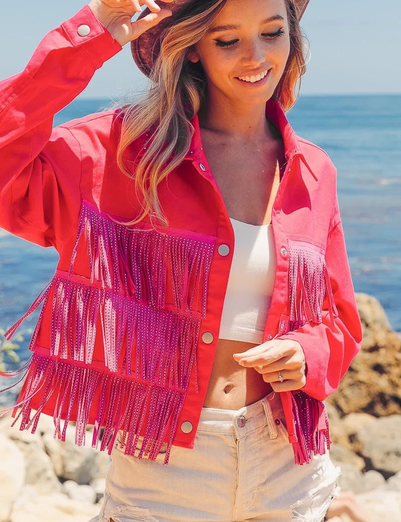 BiBi Rhinestone Fringe with Studed Collar Jacket | Jackets Daverri Fashions