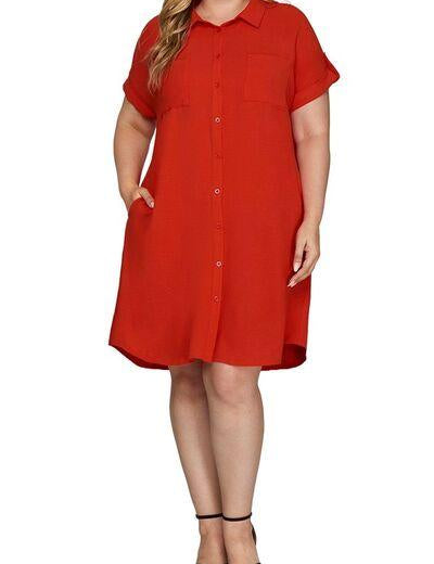 She + Sky Full Size Button Down Short Sleeve Woven Shirt Dress Plus Size | Daverri Fashions