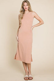 BOMBOM Ribbed Knit Sleeveless Midi Dress | Daverri Fashions
