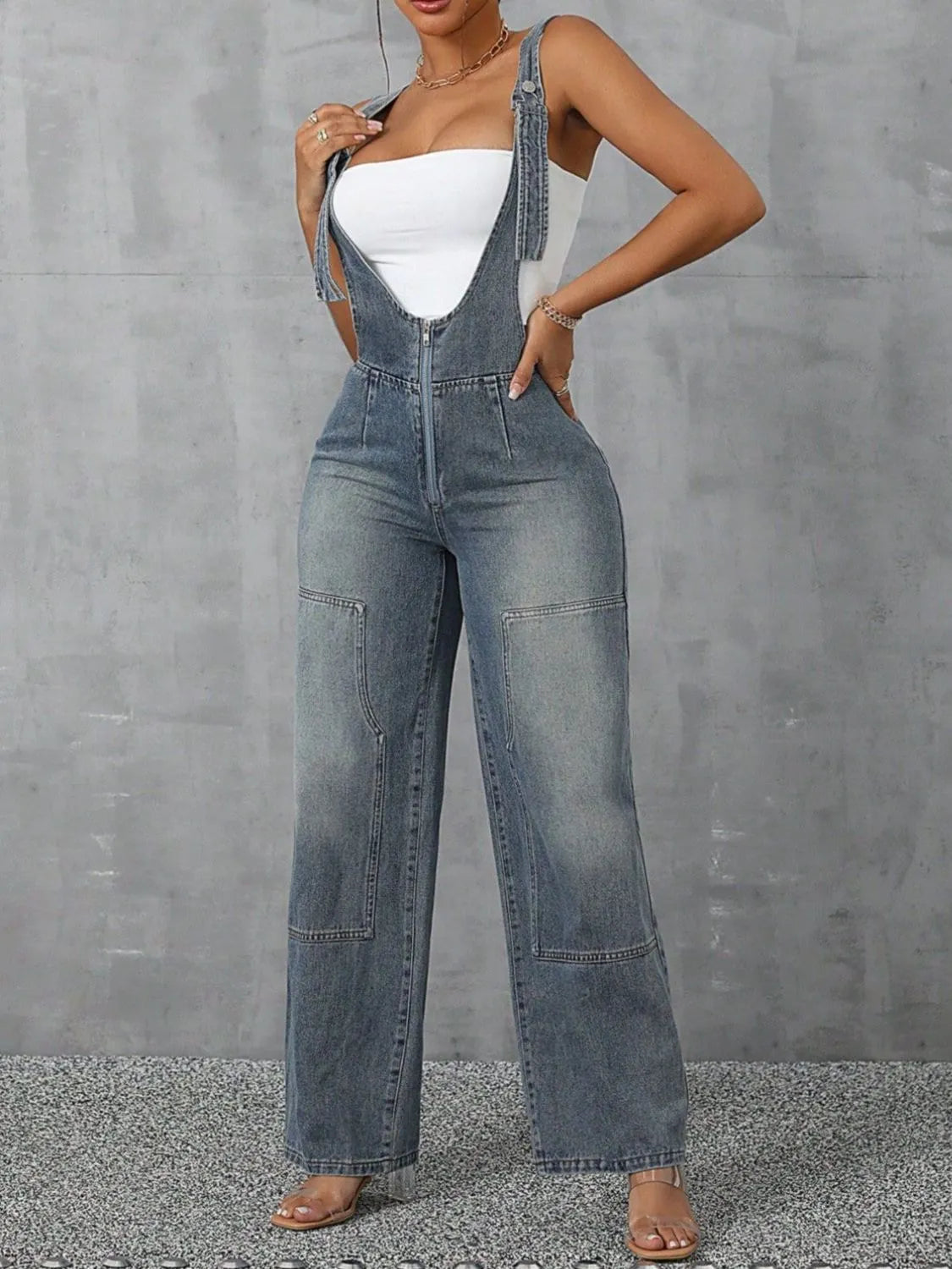 Zip Front Wide Strap Denim Overalls | Jumpsuits Daverri Fashions