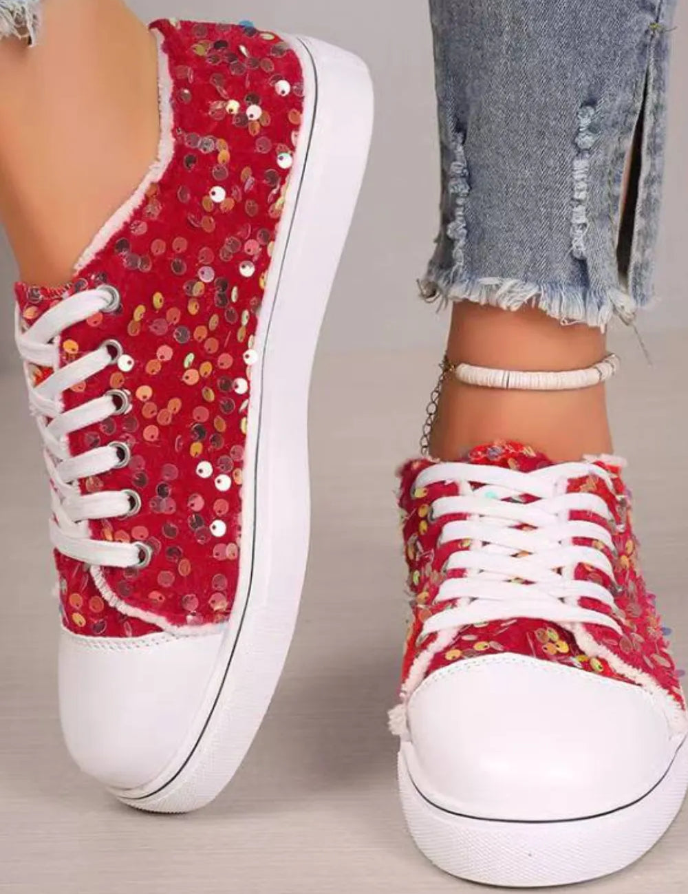 Sequin Round Toe Flat Sneakers | Sneakers Daverri Fashions