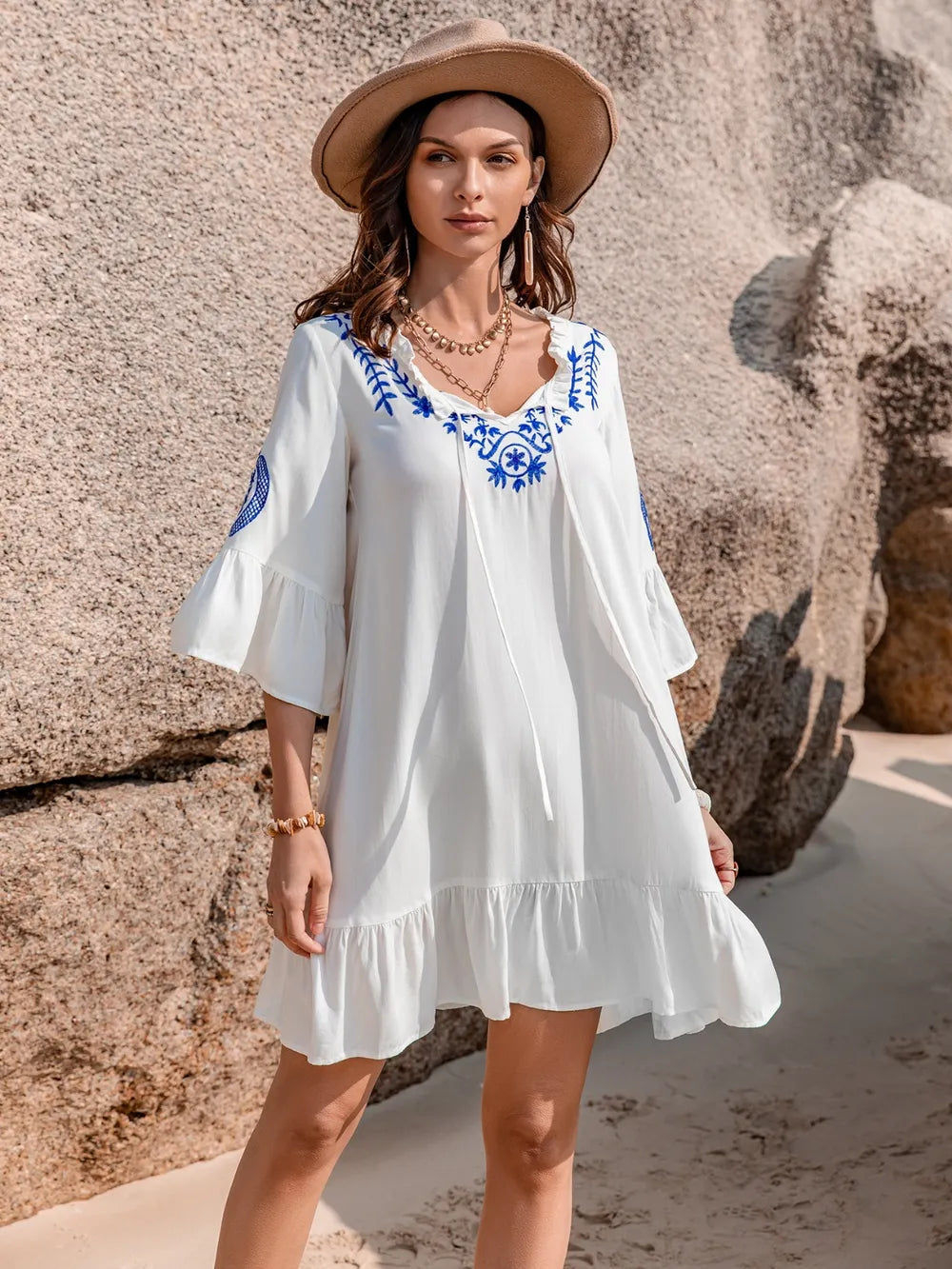 White Printed Tie Neck Flounce Sleeve Mini Dress | Mini Dresses Daverri Fashions