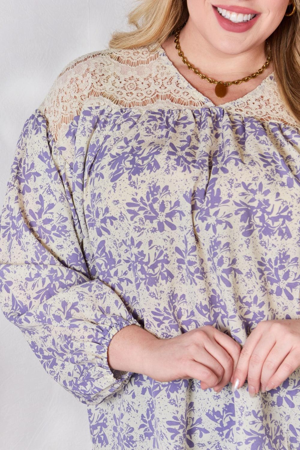 Hailey & Co Full Size Lace Detail Printed Blouse | Blouses Daverri Fashions