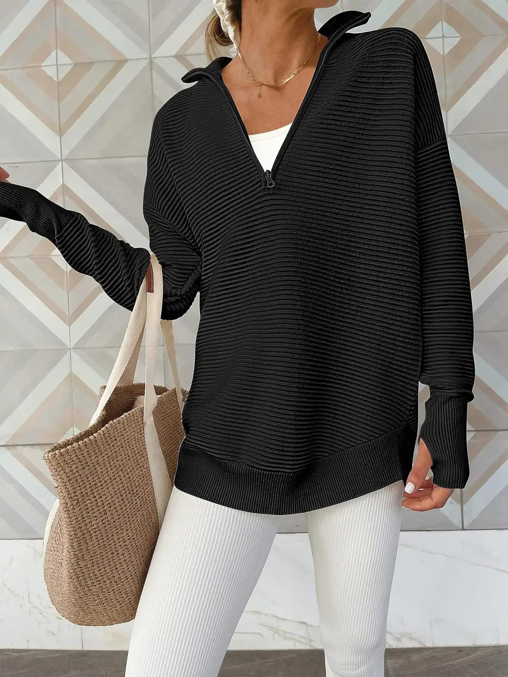 Black Half Zip Long Sleeve Knit Top | Knit Tops Daverri Fashions