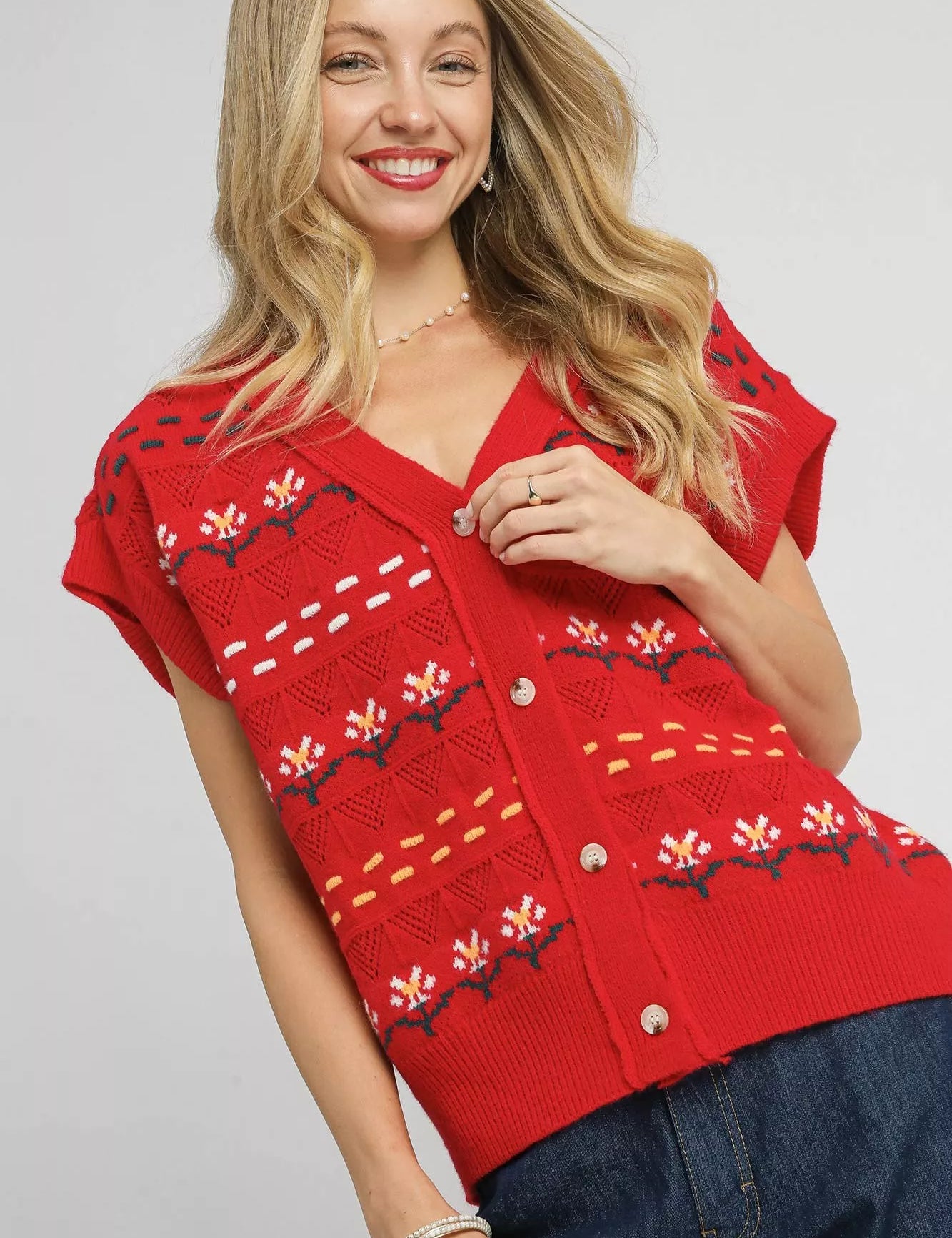 Red Umgee Button-Down Knit Vest with Floral Pattern | Daverri Fashions