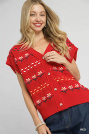 Red Umgee Button-Down Knit Vest with Floral Pattern | Daverri Fashions