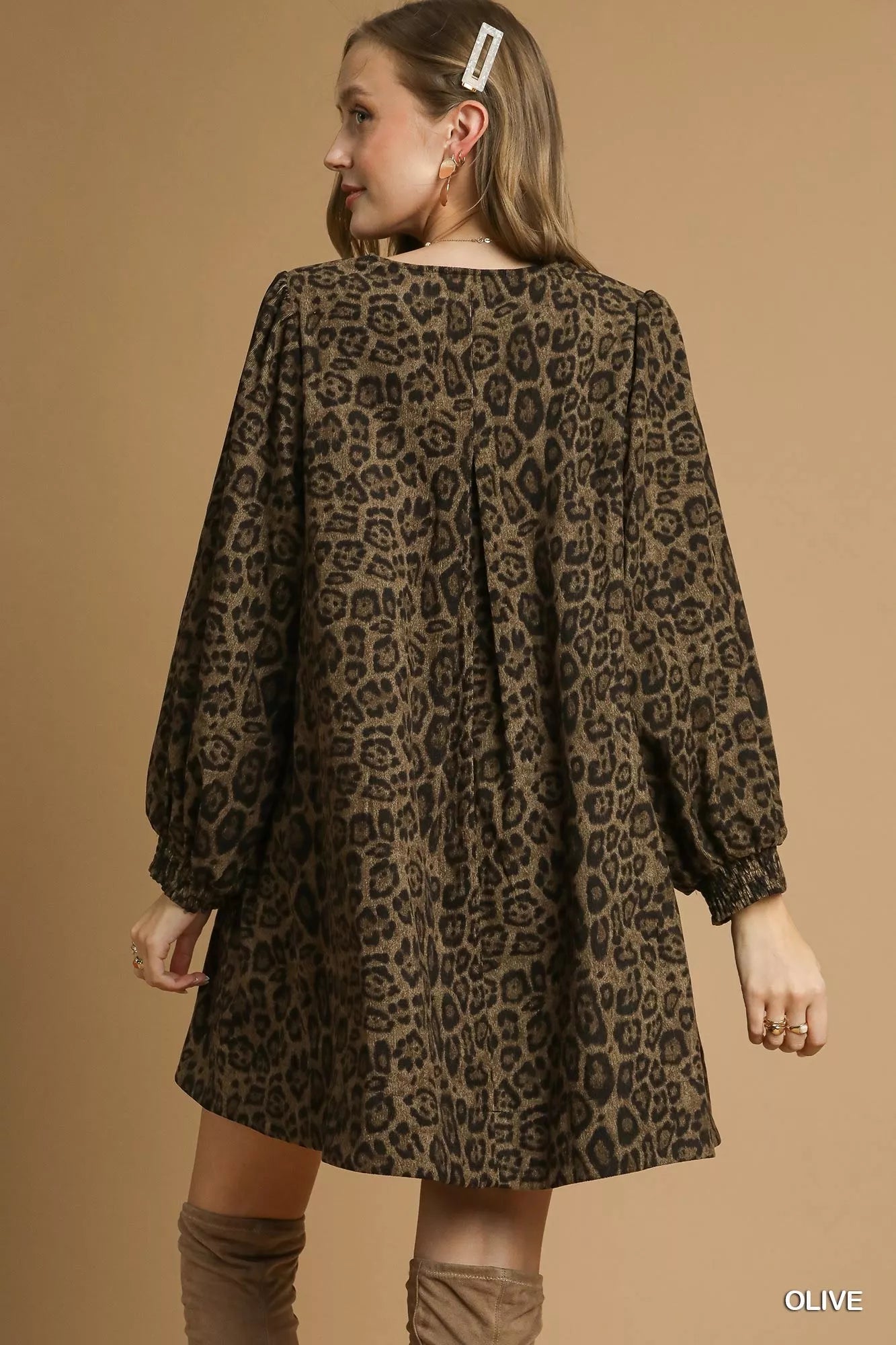 Umgee Leopard Print Long Sleeve Swing Dress | Mini Dresses Daverri Fashions