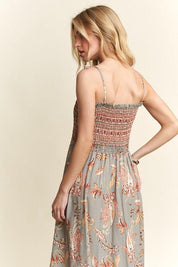 ADORA Smocked Printed Square Neck Tie Shoulder Cami Dress | Cami Dresses Daverri Fashions