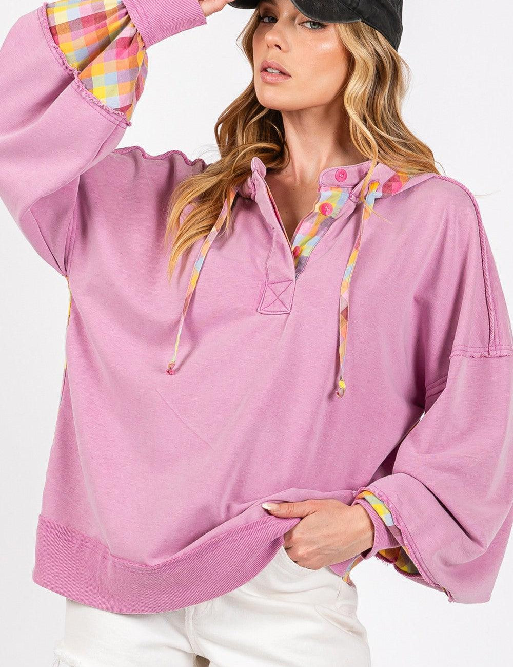 Lilac SAGE + FIG Plus Size Plaid Print Washed Hoodie | Sweatshirts Daverri Fashions