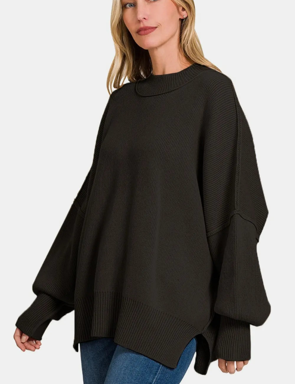 Zenana Side Slit Oversize Sweater Black | Sweaters Daverri Fashions