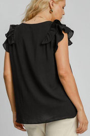 Umgee Full Size V-Neck Double Layered Ruffle Sleeve Blouse | Blouses Daverri Fashions