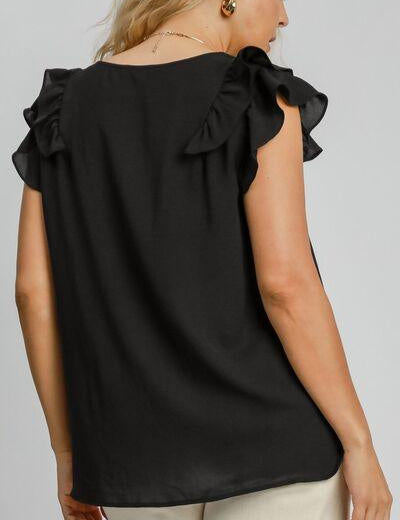 Umgee Full Size V-Neck Double Layered Ruffle Sleeve Blouse | Blouses Daverri Fashions