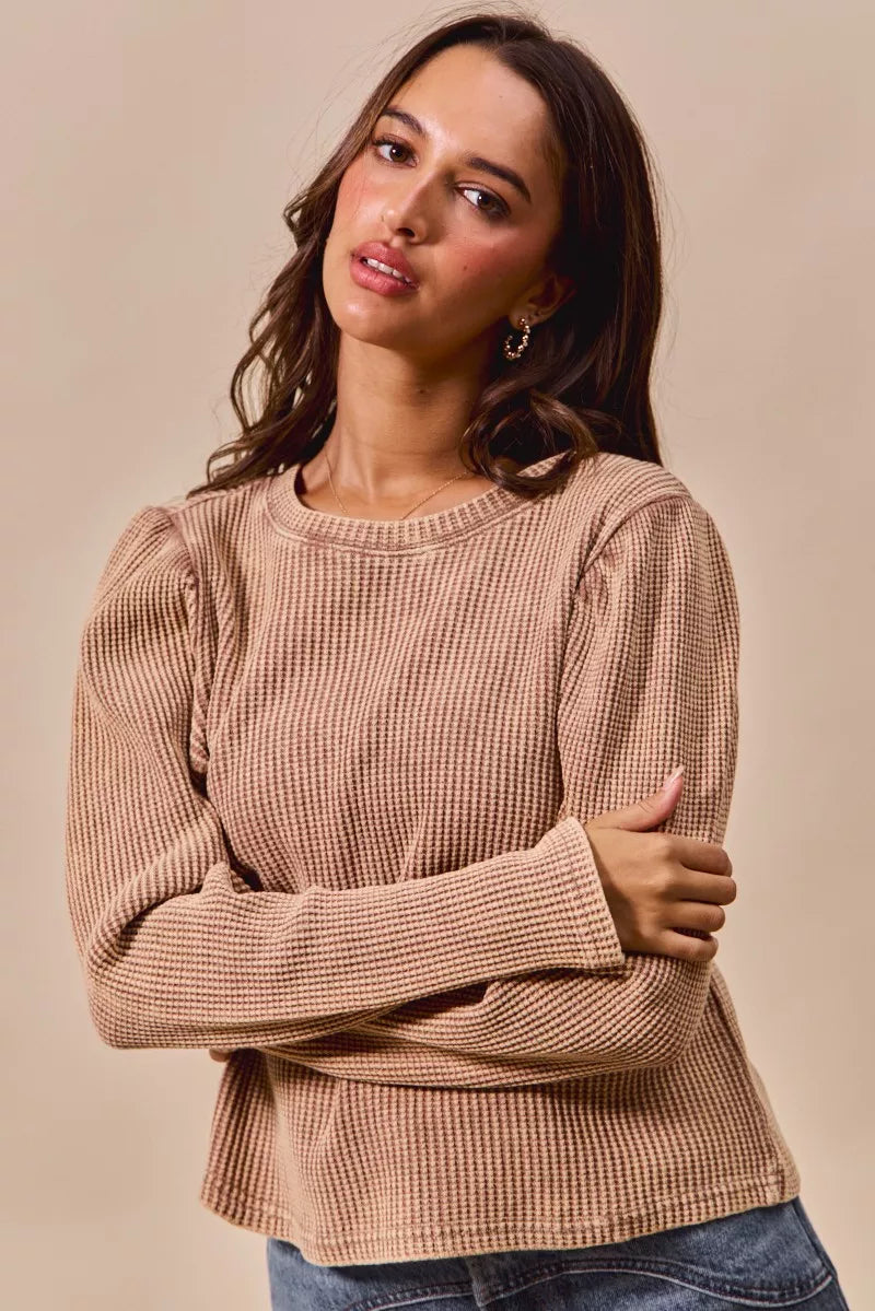 MOCHA SO ME Mineral Washed Waffle Top With Puff Sleeves | Knit Tops Daverri Fashions