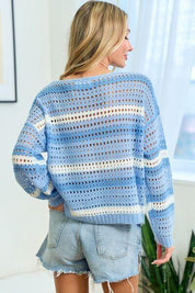 First Love Striped Long Sleeve Openwork Knit Top | Sweaters Daverri Fashions