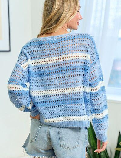 First Love Striped Long Sleeve Openwork Knit Top | Sweaters Daverri Fashions