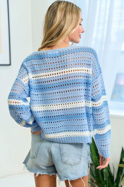 First Love Striped Long Sleeve Openwork Knit Top | Sweaters Daverri Fashions