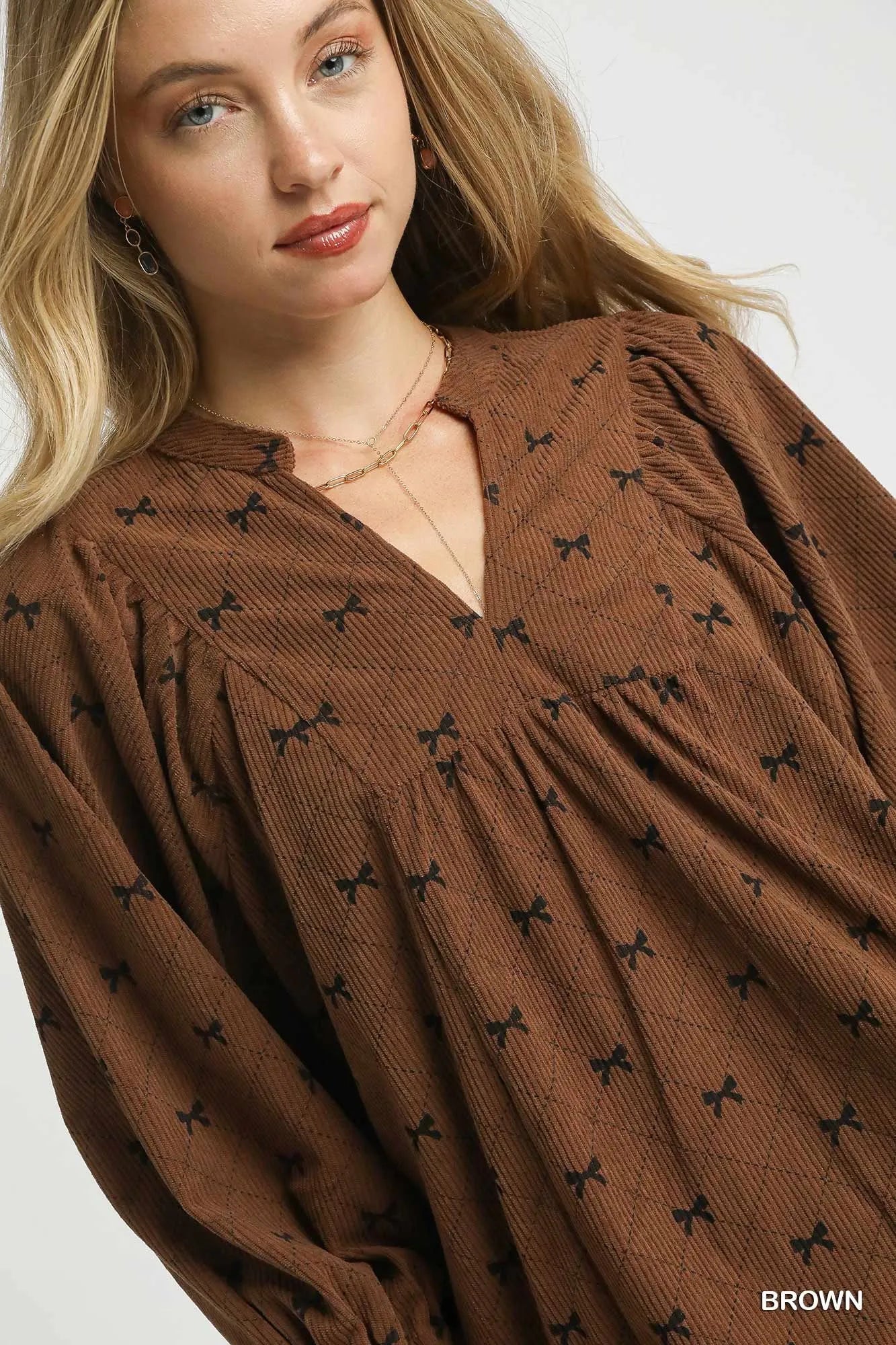 Umgee Corduroy Bow Print Balloon Sleeve Blouse | Daverri Fashions