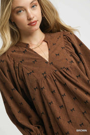 Umgee Corduroy Bow Print Balloon Sleeve Blouse | Daverri Fashions