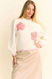 Davi & Dani Flower Patch Fuzzy Mock Neck Sweater | Sweaters Daverri Fashions