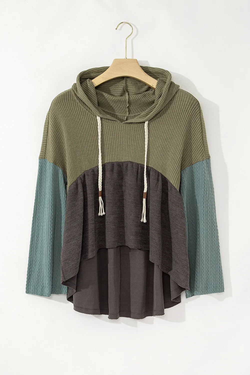 Waffle-Knit High-Low Color Block Hooded Long Sleeve Top | Tops Daverri Fashions